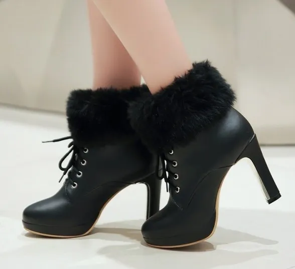 Black Ankle Fur Lace Up Platforms High Heels Boots Bootie