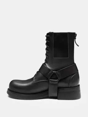 Black Biker Boots Genuine Leather Buckle Lace Up Ankle Boots