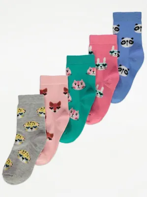 Fun Animal Face Cotton Rich Ankle Socks 5 Pack | Kids | George at ASDA