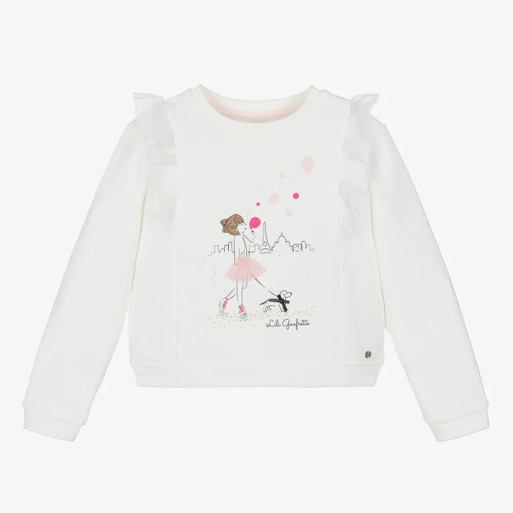 Girls White Cotton Paris Sweatshirt 