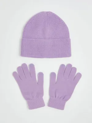 Lilac Knitted Beanie Hat and Gloves Set | Women | George at ASDA