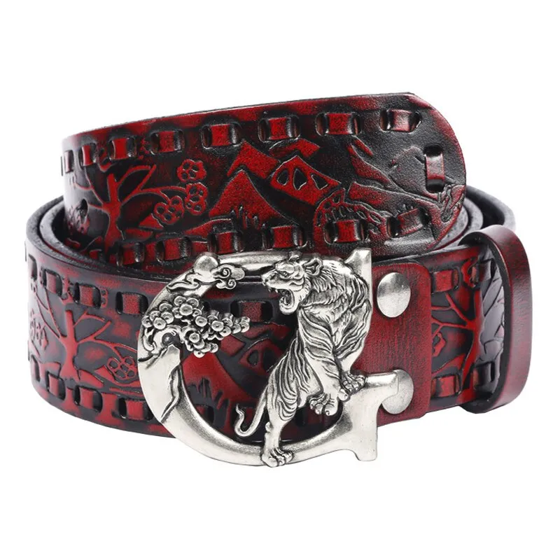 Men's Retro Genuine Leather Embossing Pattern Strap Tiger Buckle Belt