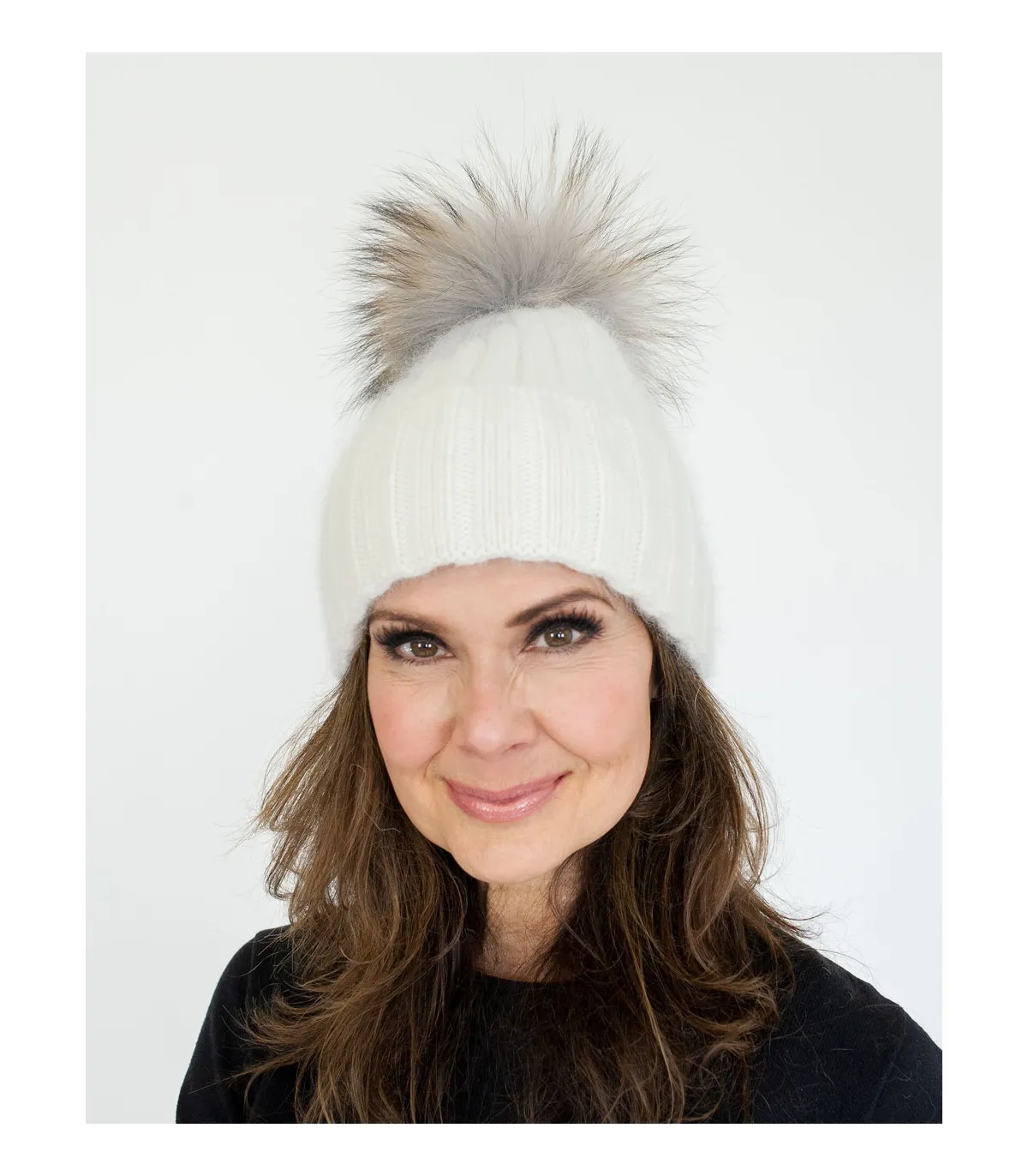 Remi Knit Beanie with Finn Raccoon Fur Pom Pom in White at FurHatWorld.com