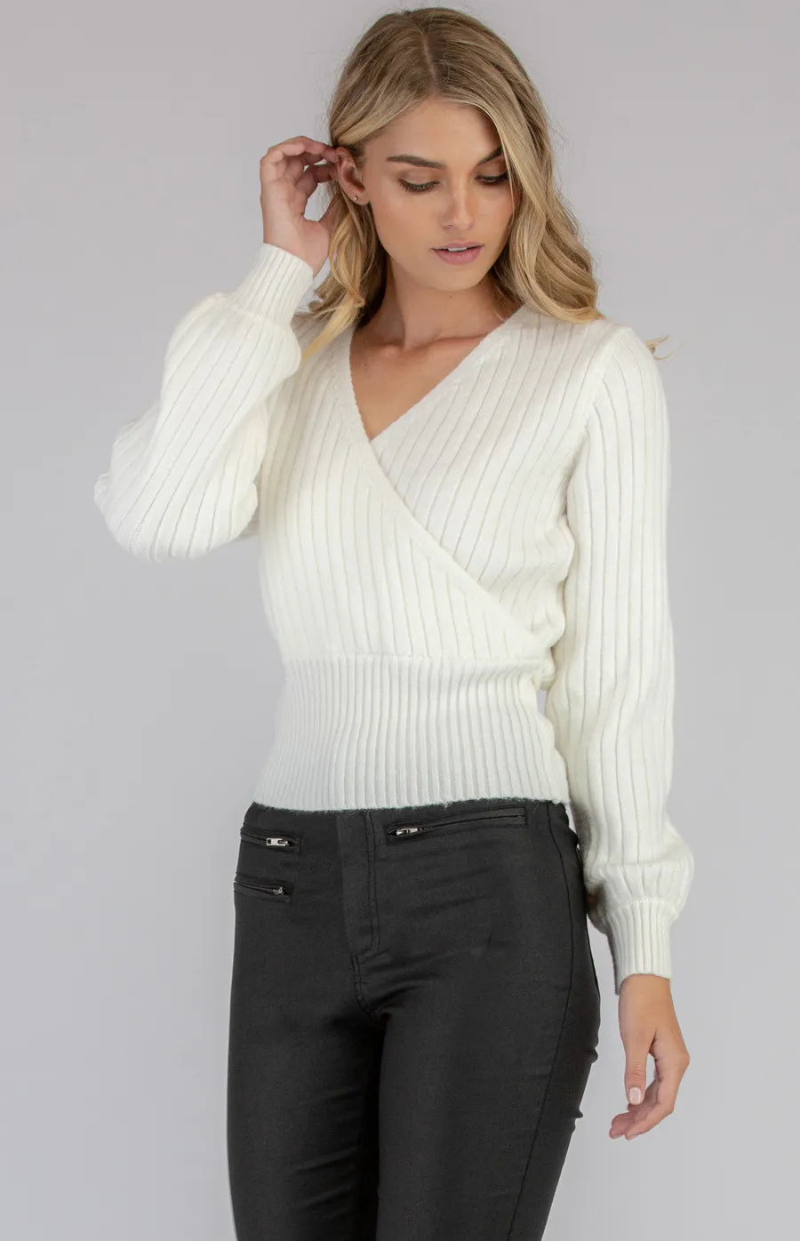Textured Cross Front Knit Top with Belt (SKN350)